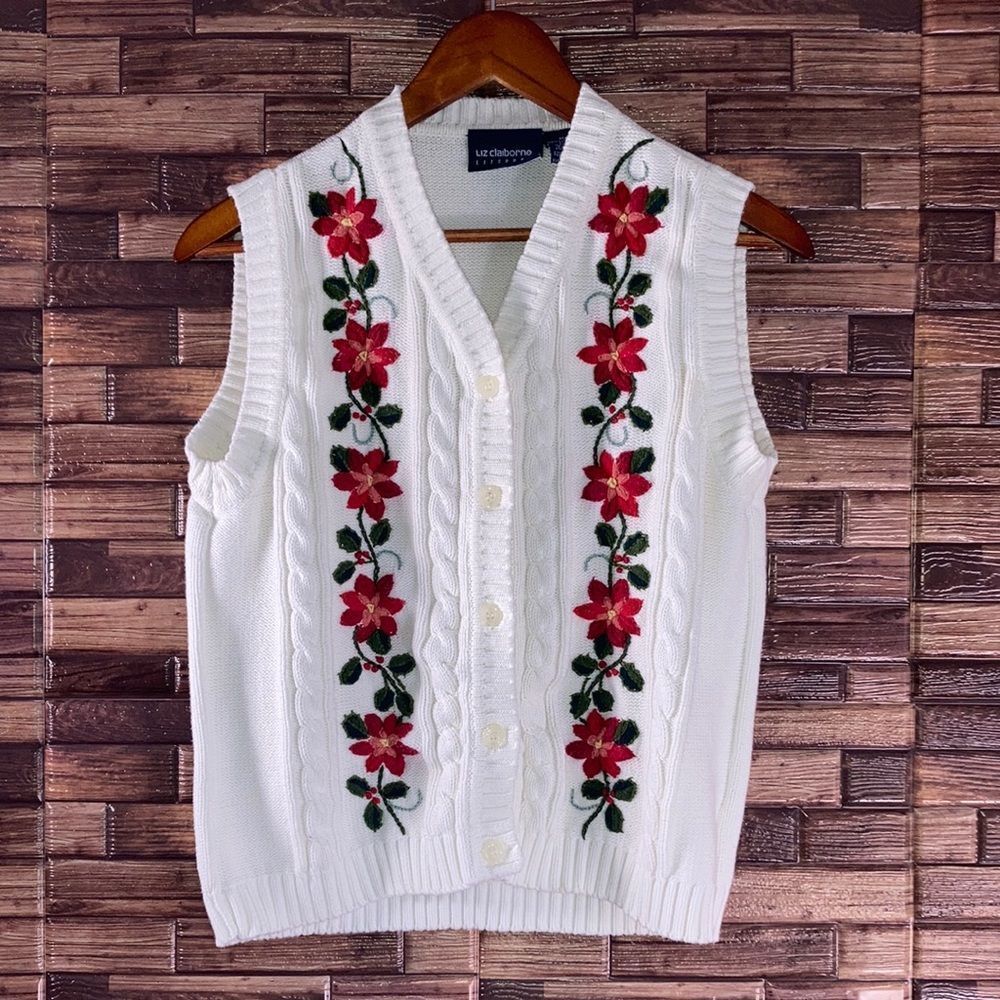 Women’s Vintage Liz Sport White Knit Vest w/ Embroidered Flowers Size Medium